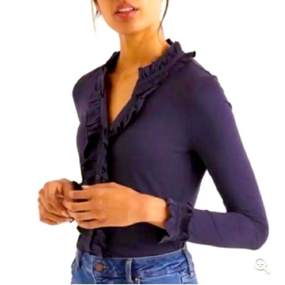 BODEN Alberta Button Front Ruffle Detail Navy Long Sleeve Top-18 - Picture 1 of 11